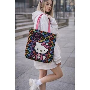 Hello Kitty Rainbow Check Tote Bag Kidcore Y2K Kawaii Pink Strap Zip Top